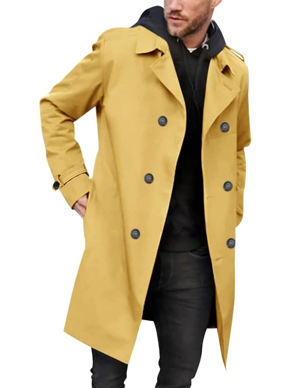 Mens yellow Double Breasted Trench Coat Notched Lapel Slim Fit Long Overcoat
